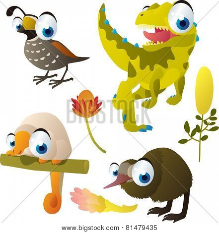 set of cute comic animals: quail, dinosaur, couscous, kiwi