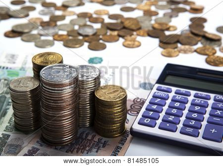 Stacks Of Russian Rubles With Calculator