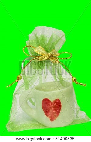 Coffee Cup Gift Bag Tied With Ribbon.