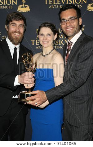 LOS ANGELES - APR 24: Jon Philpot, Angie Dix, Mustafa Bhagat at The 42nd Daytime Creative Arts Emmy Awards Gala at the Universal Hilton Hotel on April 24, 2015 in Los Angeles, California