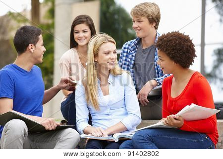 Multi racial student group sitting outdoors