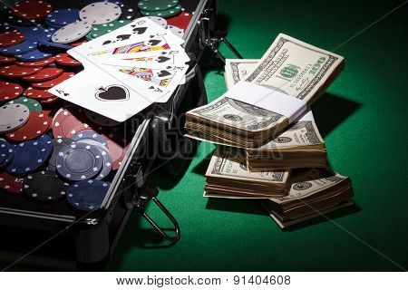 Poker chips and dollar bills
