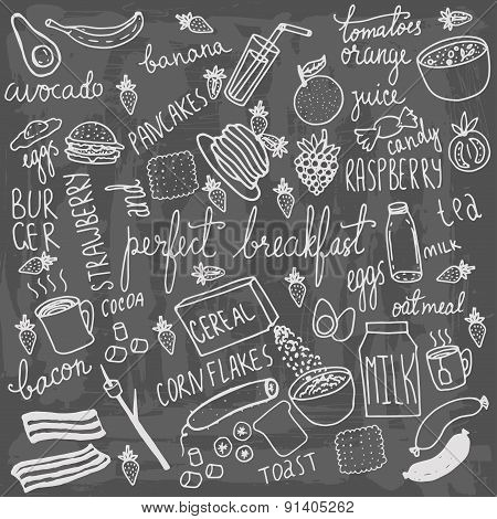 Breakfast food and icons doodle set