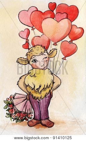 Watercolor Character With Balloons And Flowers