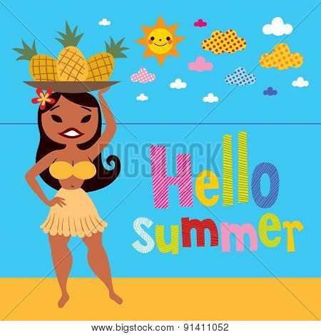 Hello summer pineapple hula girl on the beach