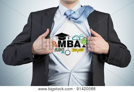Successful Young Student Is Tearing The Shirt. Business Education Icons Are Drawn On The Chest. A Co