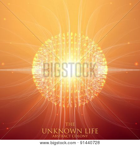 Abstract vector mesh background. Sphere of bioluminescent tentacles. Futuristic style card.