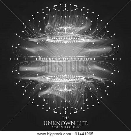 Abstract vector mesh background. Sphere of bioluminescent tentacles. Futuristic style card.
