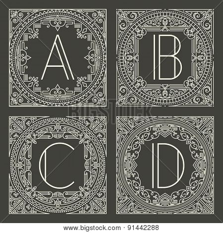 Set of vector floral and geometric monogram logos with capital letter on dark gray background. Monog