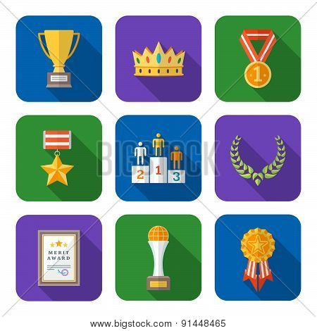 Flat Style Colored Various Awards Symbols Icons Collection.