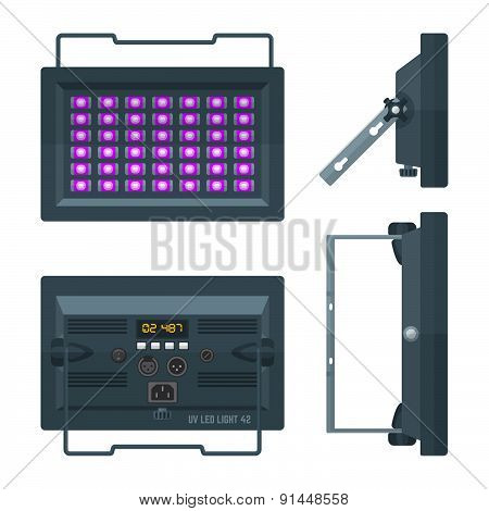 Led Ultraviolet Professional Stage Projector Colored Flat Illustration Various Position.