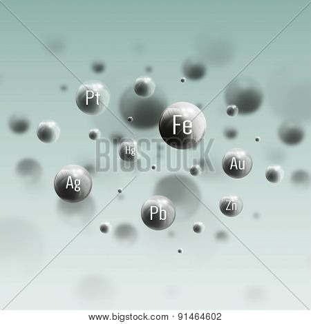 Three dimensional glowing steel spheres, gray background. Abstract molecules design of metals. Scien