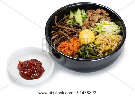 Bibimbap dish of meat, rice, vegetables and egg. From a series of Food Korean cuisine.