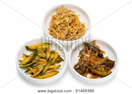 Spicy salads heh of of cucumber, soy sprouts and of eggplant and sweet pepper.  From a series of Food Korean cuisine.