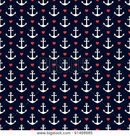 Nautical Seamless Pattern With Anchors And Hearts.
