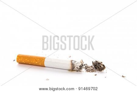 Cigarette butt with ash isolated on white background