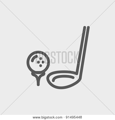 Golf ball and putter icon thin line for web and mobile, modern minimalistic flat design. Vector dark grey icon on light grey background.