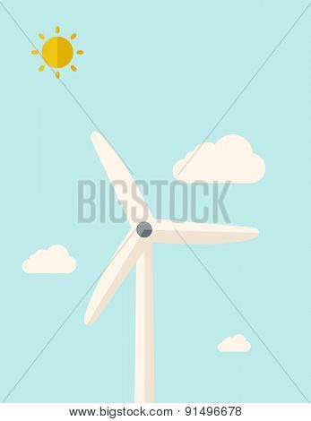 One windmill standing under the heat of the sun. A Contemporary style with pastel palette, soft blue tinted background with desaturated clouds. Vector flat design illustration. Vertical layout.