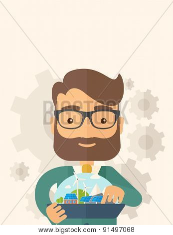 A mid adult male engineer holding a blueprint. A Contemporary style with pastel palette, soft beige tinted background. Vector flat design illustration. Vertical layout with text space on top part.