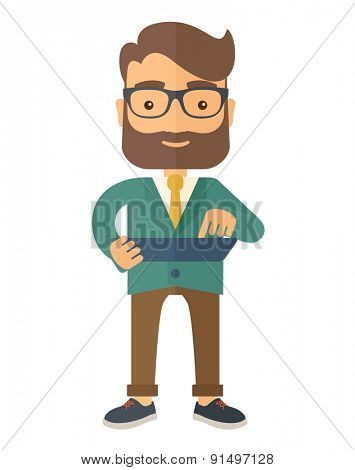 A mid adult male engineer holding a blueprint. A Contemporary style. Vector flat design illustration isolated white background. Vertical layout.
