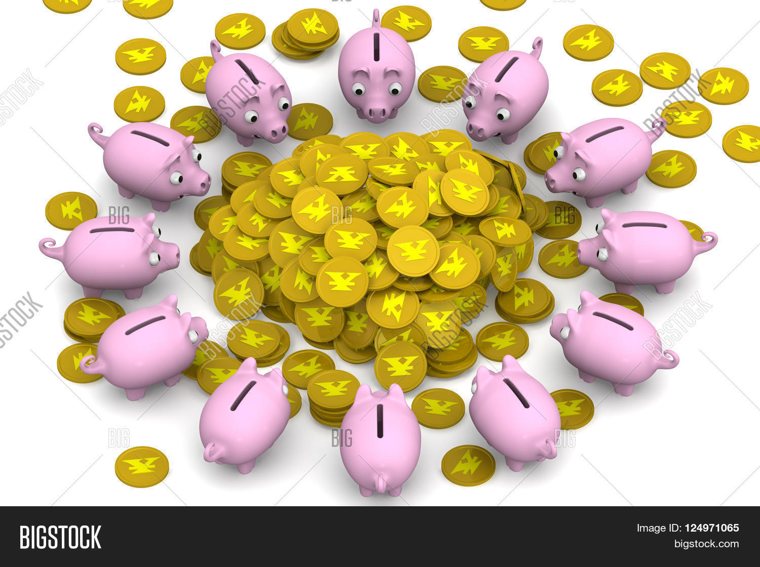 Pink Piggy Banks Surrounded The Pile Of Gold Coins With Symbol