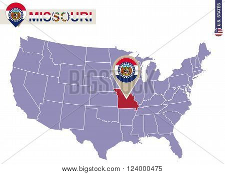 Missouri State On Usa Map. Missouri Flag And Map.