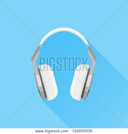 Headphones flat icon with long shadow on blue background