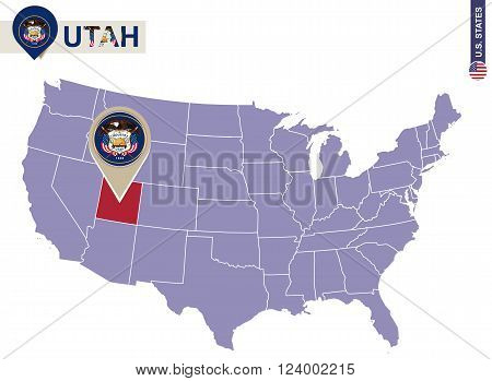 Utah State On Usa Map. Utah Flag And Map.