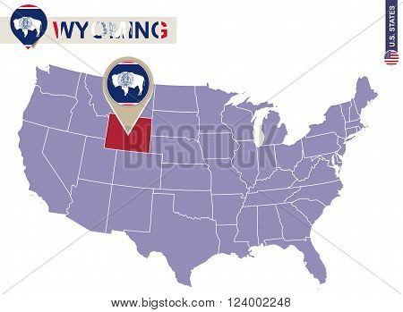 Wyoming State On Usa Map. Wyoming Flag And Map.