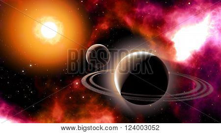 3D render of a planet and a moon orbiting a sun