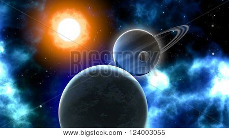 3D render of planets and a moon orbiting a sun