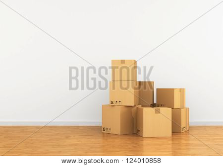 Cardboard box in an empty apartment. The concept of moving to a new with gelatin