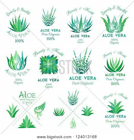 Aloe vera design elements. Aloe emblems set. Stencil style.