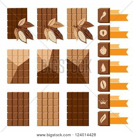 Set of chocolate decorative elements and emblems. Banners, stickers and icons.