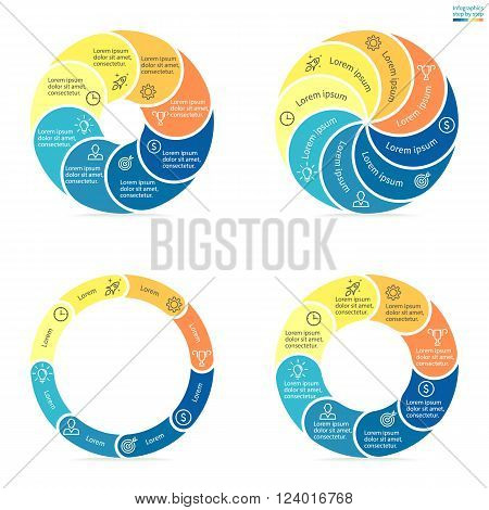 Circular infographics step by step with rounded colored sections. Set of flat pie charts. Chart, diagram with 8 steps, options, parts, processes. Vector circle template in blue and yellow.