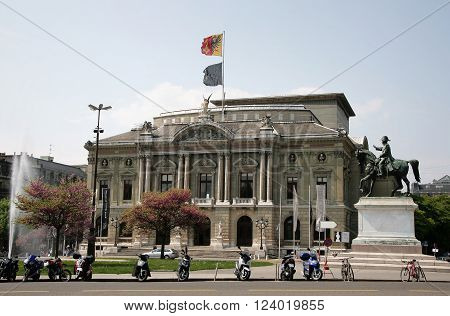 Geneva Switzerland - May 02 2009: Grand Theatre de Geneve and Henri Dufour Statue - Switzerland