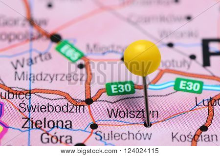 Photo of pinned Wolsztyn on a map of Poland. May be used as illustration for traveling theme.