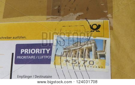 PRAGUE CZECH REPUBLIC - CIRCA FEBRUARY 2016: Stamp printed by Germany showing Brandenburg Gate