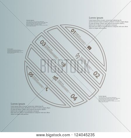 Illustration infographic template with circle askew divided to five parts created by double outlines from brown color. Each part has own number, sign and text. Background is light blue.
