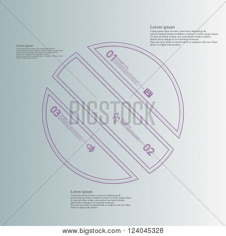 Illustration infographic template with circle askew divided to three parts created by double outlines from purple color. Each part has own number sign and text. Background is light blue.