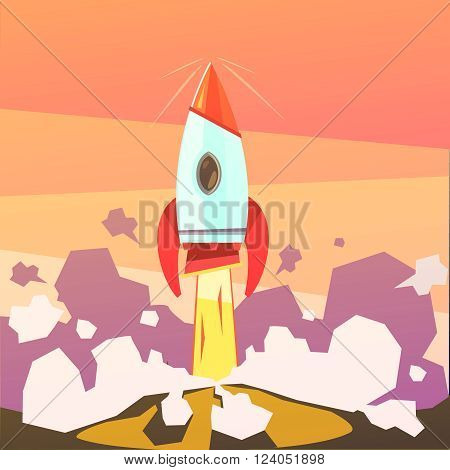 Rocket launch and startup cartoon background with ground and fire vector illustration