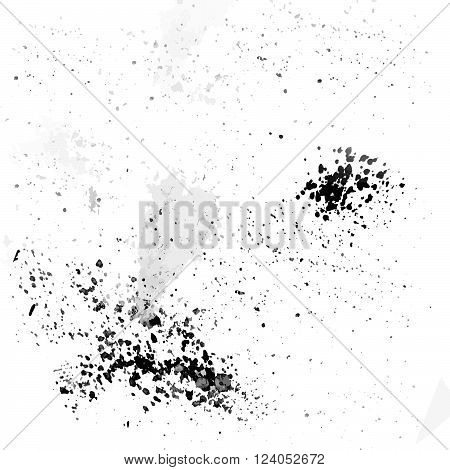 Black ink droplets on a white background. Frame of beautiful splashes, stains and blots. Abstract background of watercolor spray.