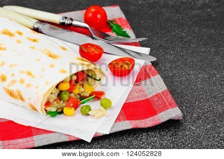 Burrito, Shawarma Lavash with Chicken and Vegetables Studio Photo