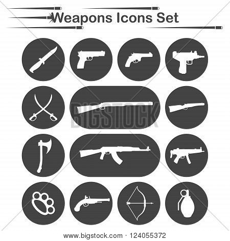Weapon icon set, 14 icons on dark round plates, 2d vector, eps 8