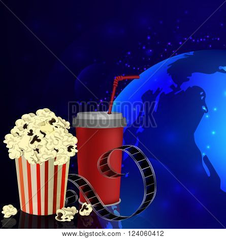 Popcorn and movie film on dark space background