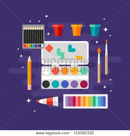 Set of Art Supplies Art Instruments for Painting Drawing Sketching. Paints and Brushes. Flat Design Vector Illustration