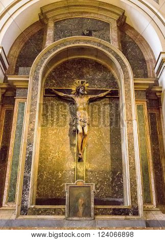 Zaragoza, Spain - March 24, 2016: Detail Of Christ Crucifixtion Statue Inside  Basilica Of The Virge