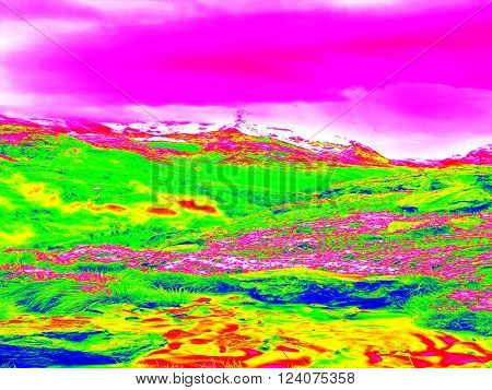 Spring mountains in infrared photo. Amazing thermography. Hilly landscape in background.