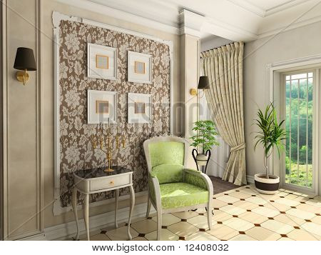 Klasik mobilya oda. 3D render.