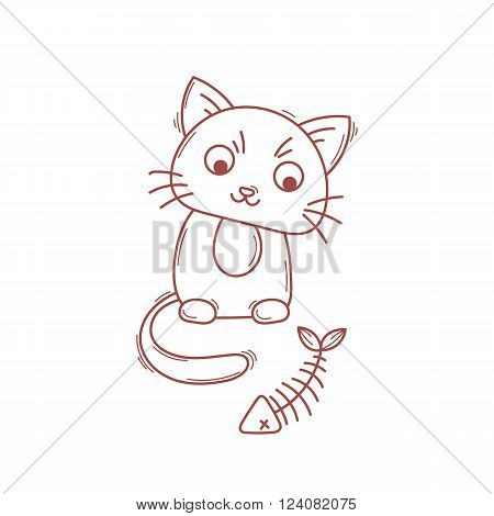 Cute cat character. Satisfied fed kitten. Wary fishbone.